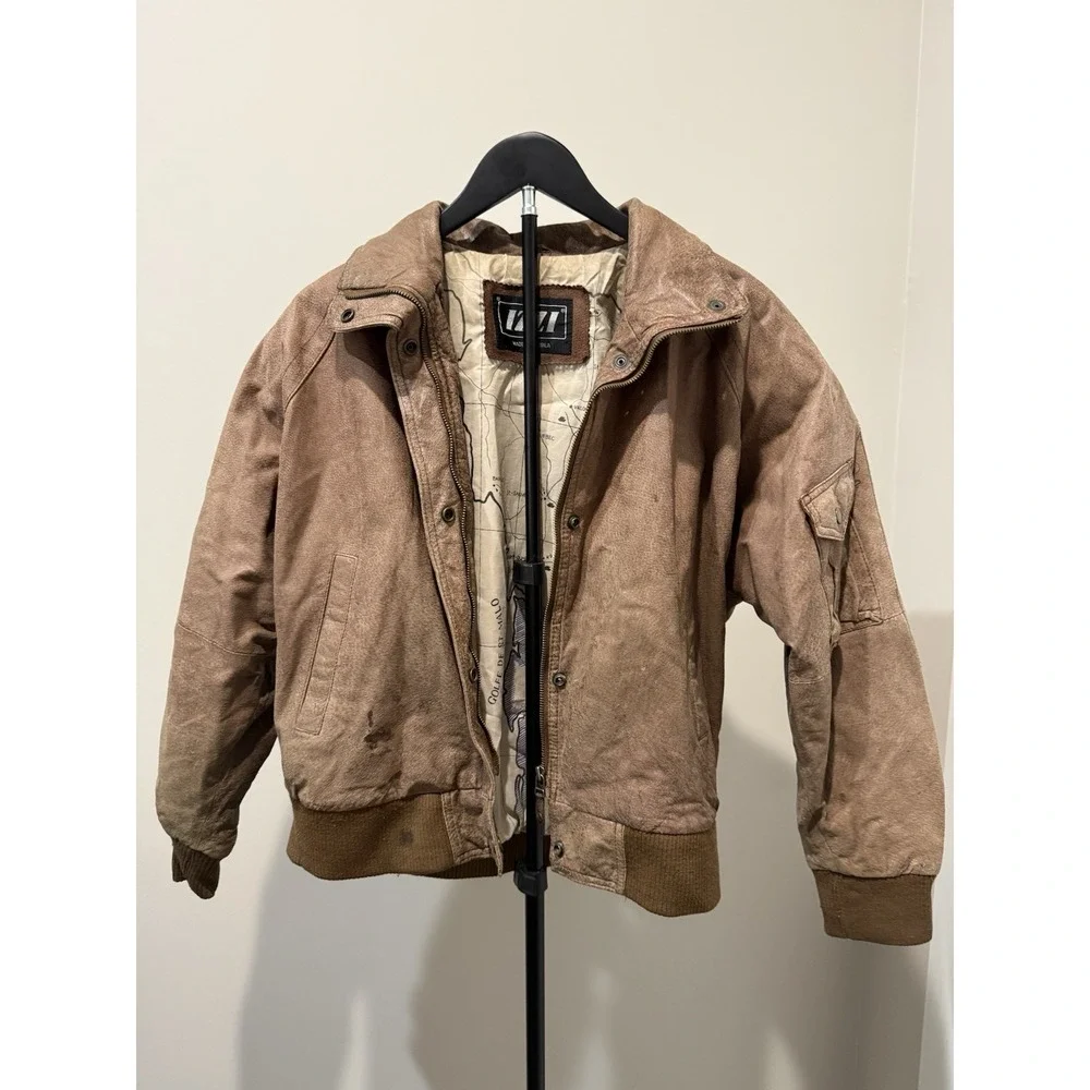 Vintage IZZI Bomber Jacket Men's Medium Brown Distressed Made In Korea Full Zip